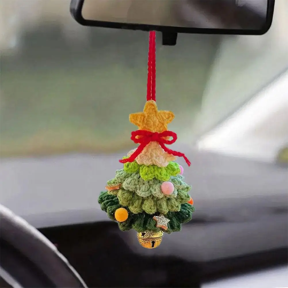 Cute Handmade Knitted Christmas Tree Rearview Mirror Charm Auto Interior Crochet Ornaments Decoration Accessories Pendant U4i7