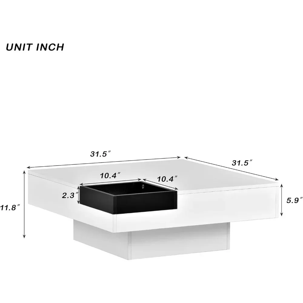 31.5Modern Square LED Coffee Table with 16 Colors,Modern Minimalist Square Cocktail Table Detachable Tray Plug for Living Room