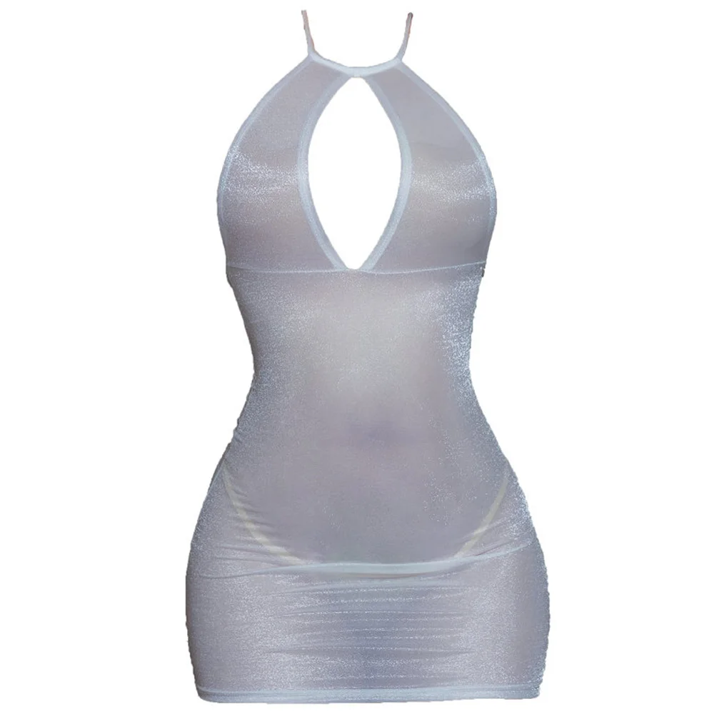 فستان نسائي مثير بدون ظهر ضيق صغير فستان نادي لامع زيتي لامع شفاف شفاف بأشرطة مرنة فستان ضيق