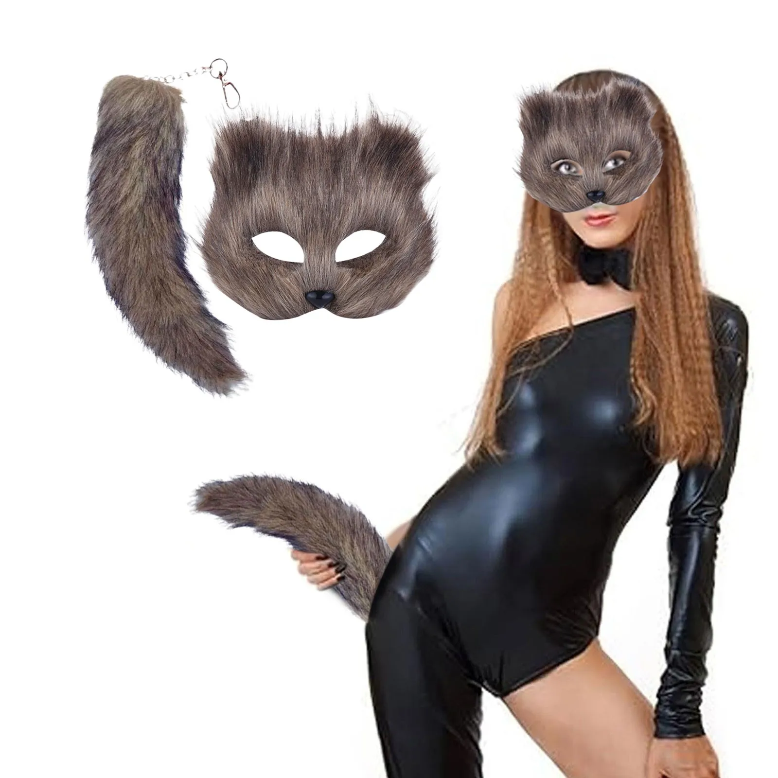 Therian Mask and Tail Faux Furs Foxes Tail Keychain Cats Mask Cats Wolf Cosplays Costume for Halloween Christmas Party Costume 