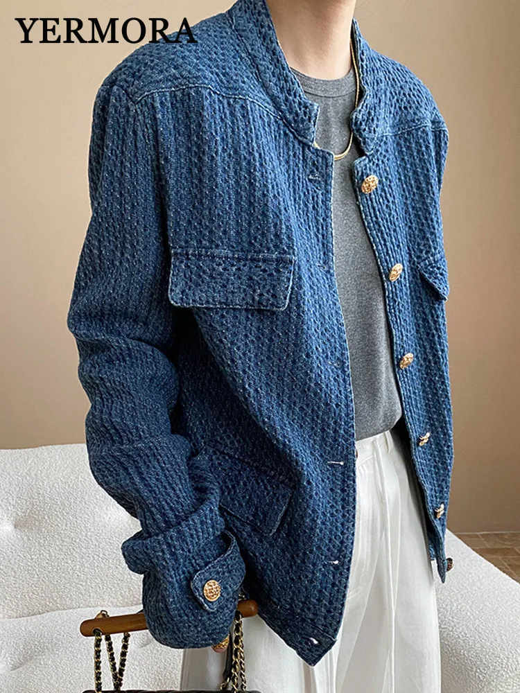 

YERMORA Blue Texture Denim Casual Jacket For Women Stand Collar Long Sleeve Loose New Coat Fashion Tide Spring Autumn 2025