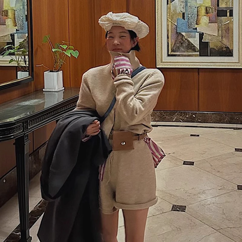Veste pull à manches longues + short tricoté polyvalent, ensemble deux pièces avec lettres rétro et étiquetées, coréen chic, automne