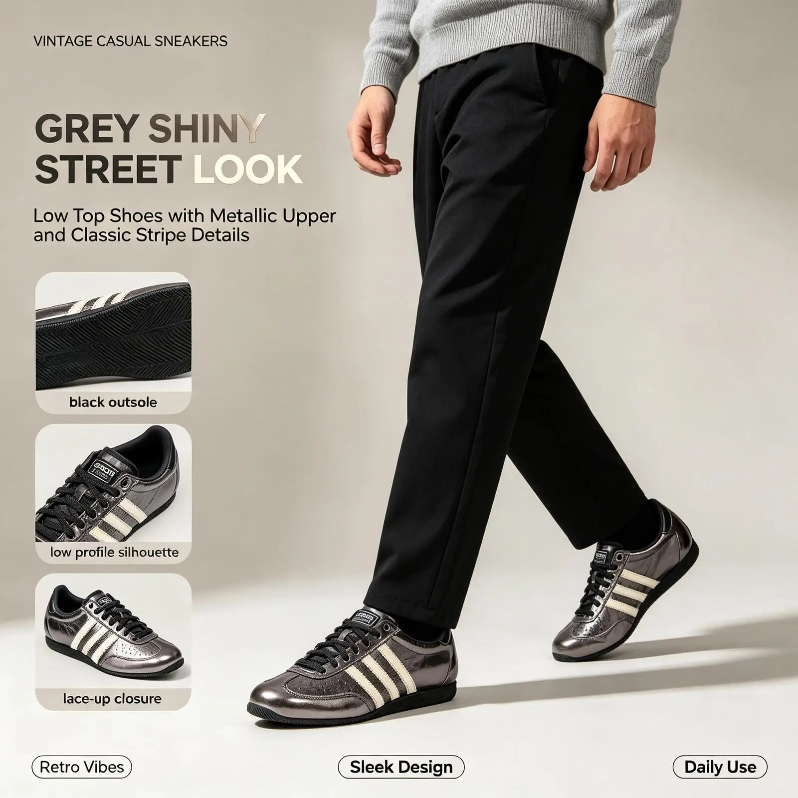 Adidas Originals Metallic Grey Low Top Sneakers Men Shiny Retro Casual Shoes Cream Stripes Black Outsole for Street Campus Wear
