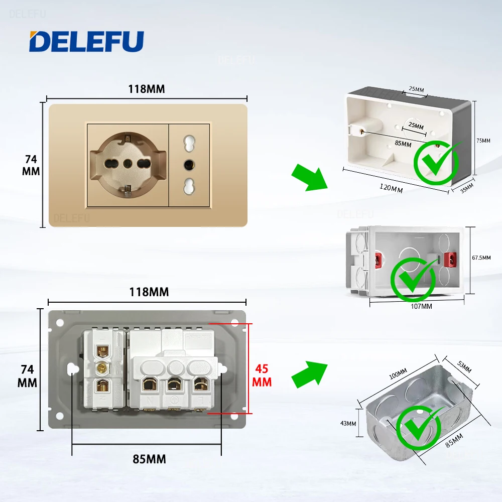 DELEFU Italian Socket DIY Whiteboard USB Type C Doorbell Switch 45A 20A Curtain Phone CAT5 TV HDMI SAT Gold image 5