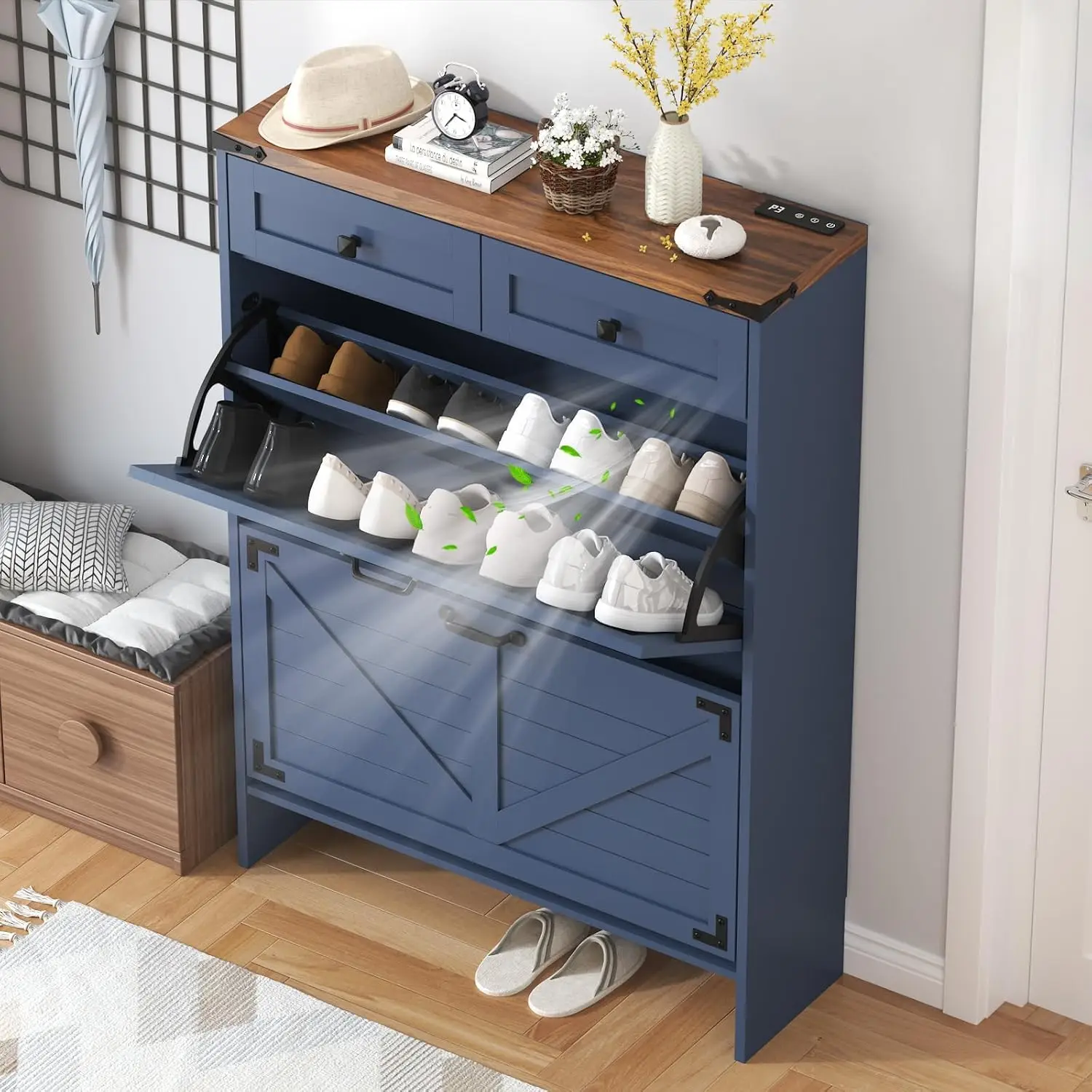 Shoe Cabinet with 2 Flip Drawers and Deodorizing Function, Hidden Shoe Storage Cabinet with 2 Pull-out Drawers