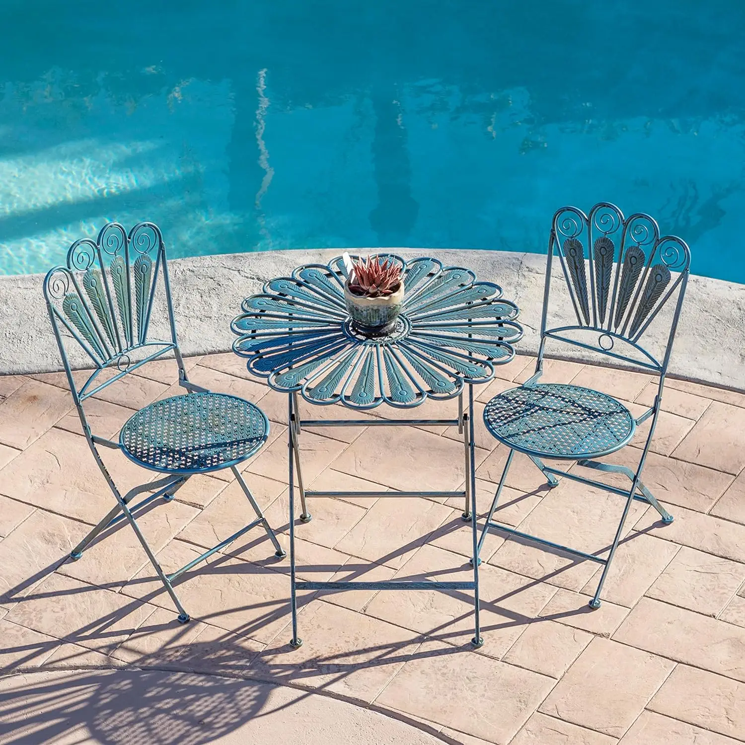 Alpine-Pavão Pena Pátio Assentos Set, Rústico Metal Bistro Set, interior e exterior, Luz Azul, 3 PCs
