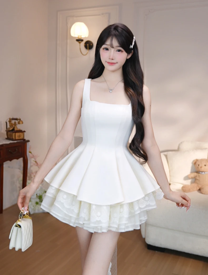 

White Knot Sleeveless Dress Women's Summer Slimming Puffy Skirt Waist-Cinching-Qianjin Style Breathable Skin-Friendly