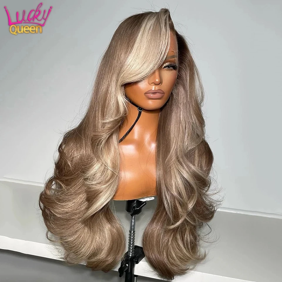 

Highlight Stripe Ash Blonde Brown Human Hair 180 Density Brazilian Transparent Lace Frontal Wigs Pre Plucked For Women Body Wave