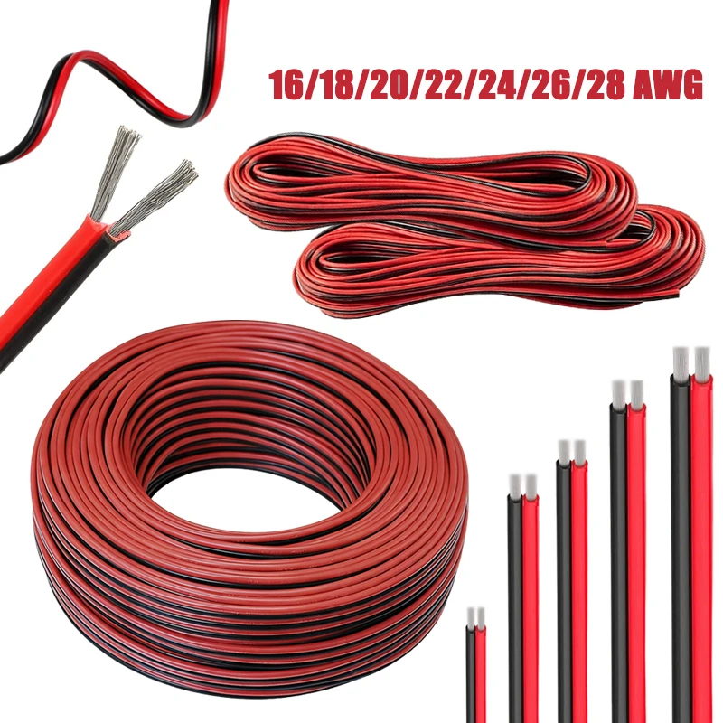5/10m Red Black Hookup Wire 2 Pin Automotive Flat Cable 16/18/20/22/24/26/28 AWG Extension Wires Doorbell LED Ribbon Lamp Light