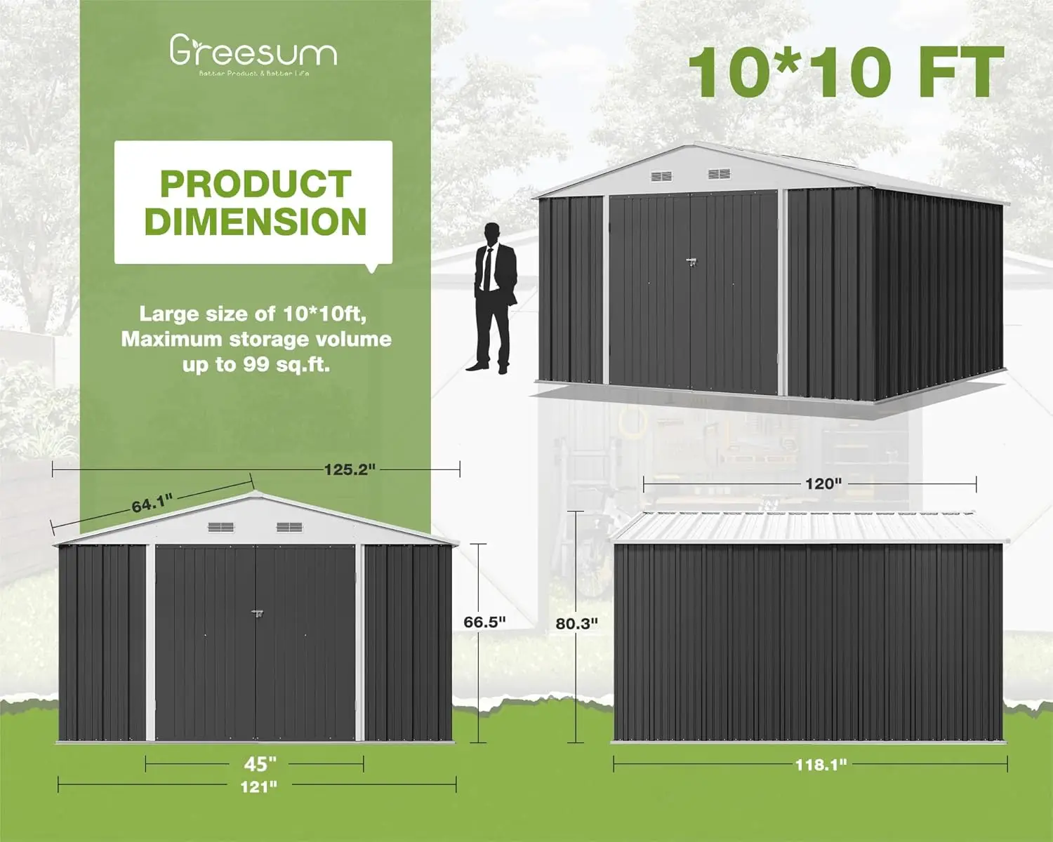 Greesum Cobertizo de almacenamiento para exteriores, 10 x 10 pies, cobertizo para herramientas de utilidad, cobertizo de metal para jardín con puerta y cerradura para almacenamiento en el patio, gris