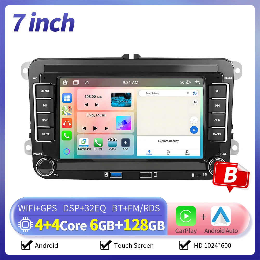 Camecho 7/9 Inch 6 + 128G Android Autoradio GPS Carplay voor VW Volkswagen Golf 5 6 Touran Passat B6 Polo Jetta Sharan Seat Skoda - afbeelding 1