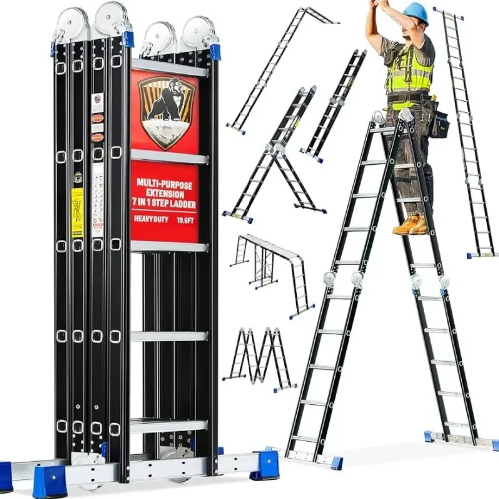 Folding Step Ladder, 19.6ft, 7 in 1 Multi-Purpose Folding Adjustable Telescoping Aluminium Extension Ladders, 330lbs