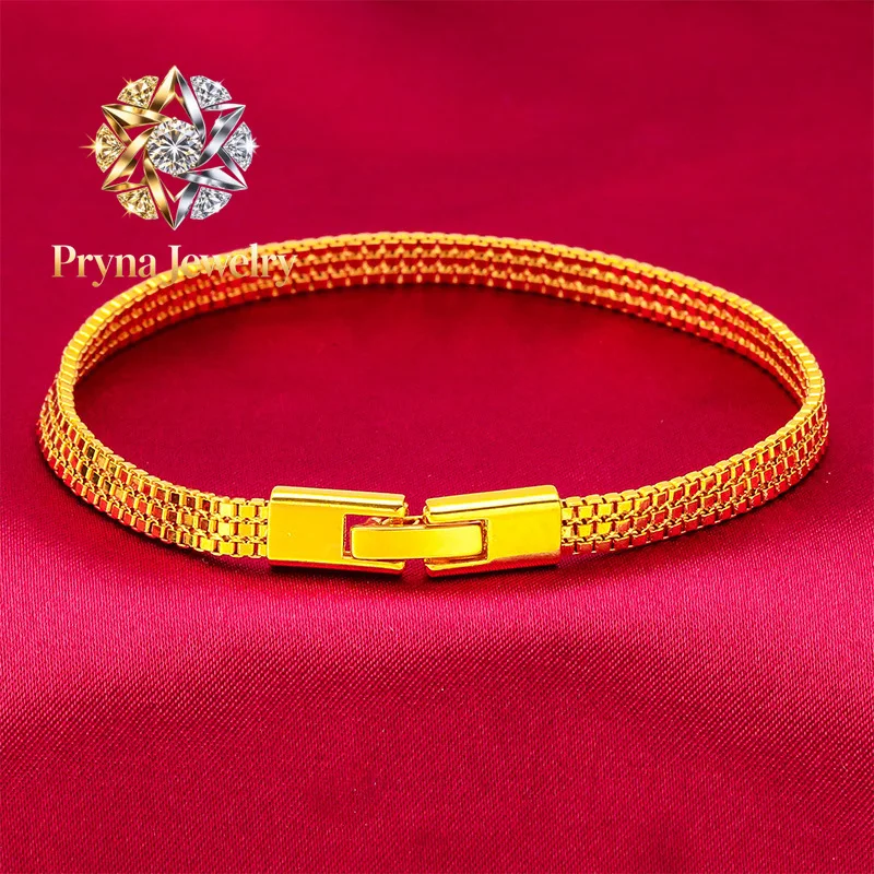 

Pryna Jewelry Flat Bracelet for Women, 24K Gold, AU999 | Embossed stripes with tiny diamonds, subtle glamour for work.