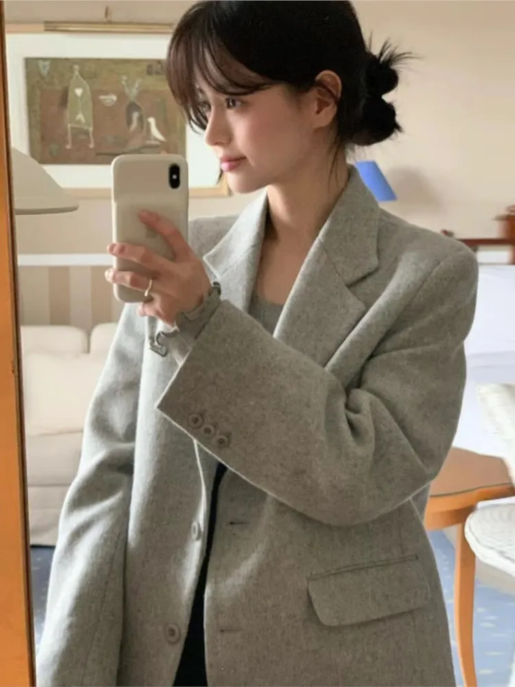 Women Autumn Fashion Tweed Coat Elegant Casual Basic Turn Down Collar Single Breasted Jacket Female Office Lady Clothes New