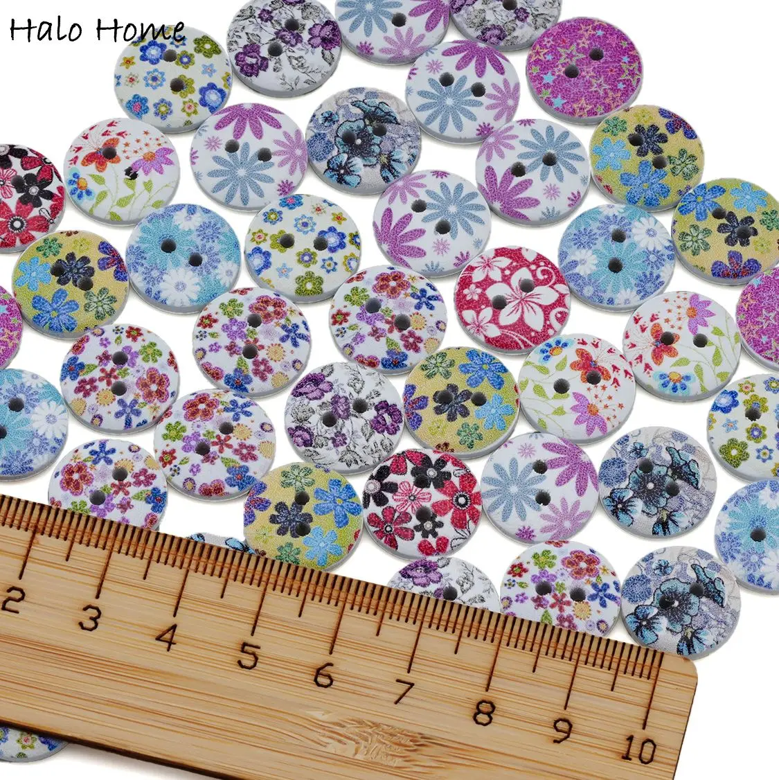 50pcs Floral Print Design Wooden Buttons, 2-Hole for DIY Sewing Crafts & Scrapbooking Decor 15mm