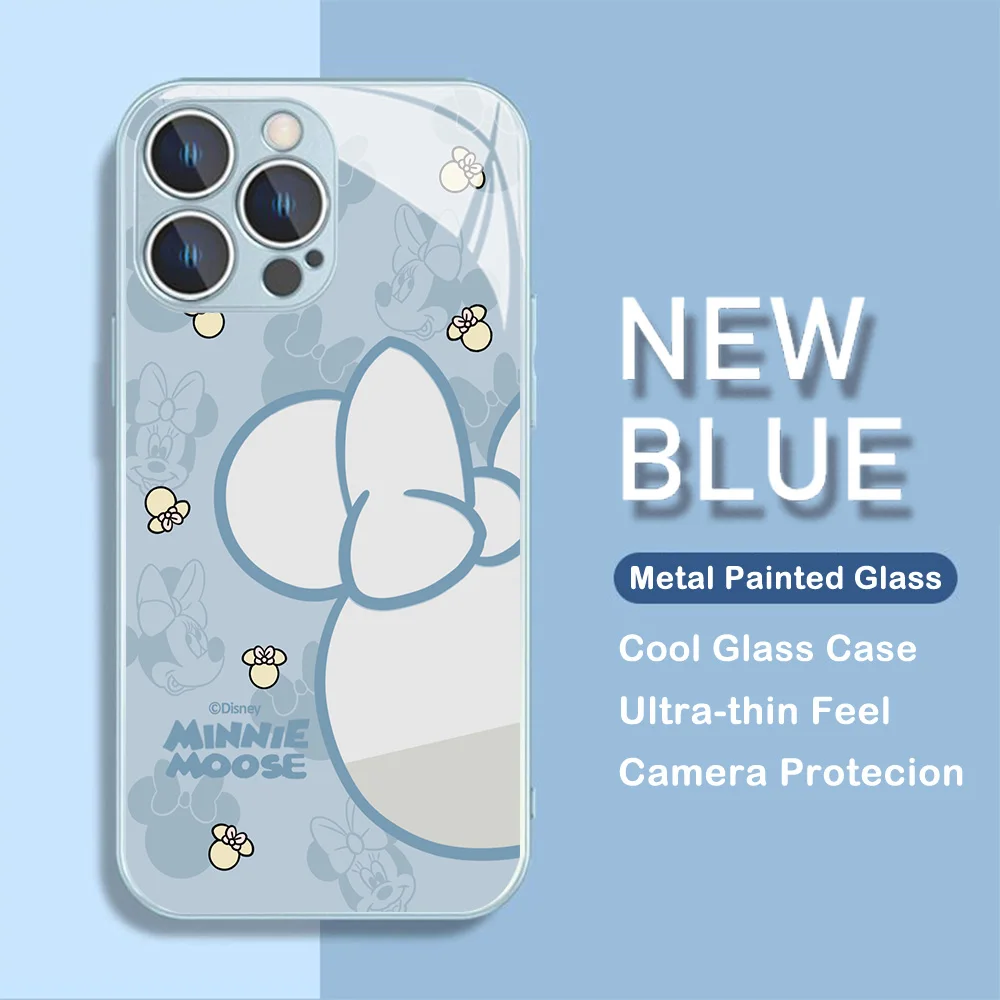 Cute Mickey Minnie Metallic-Color Phone Case For iPhone X XR XS 16 15 14 13 12 Mini 11 Pro Max 7 8 SE 20 Plus Glass Hard Cover