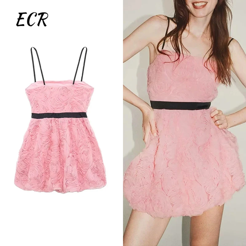 

ECR Floral Slimming Short Dresses For Women Square Collar Backless High Waist Sexy Summer Camisole Dress Female Fashion Style