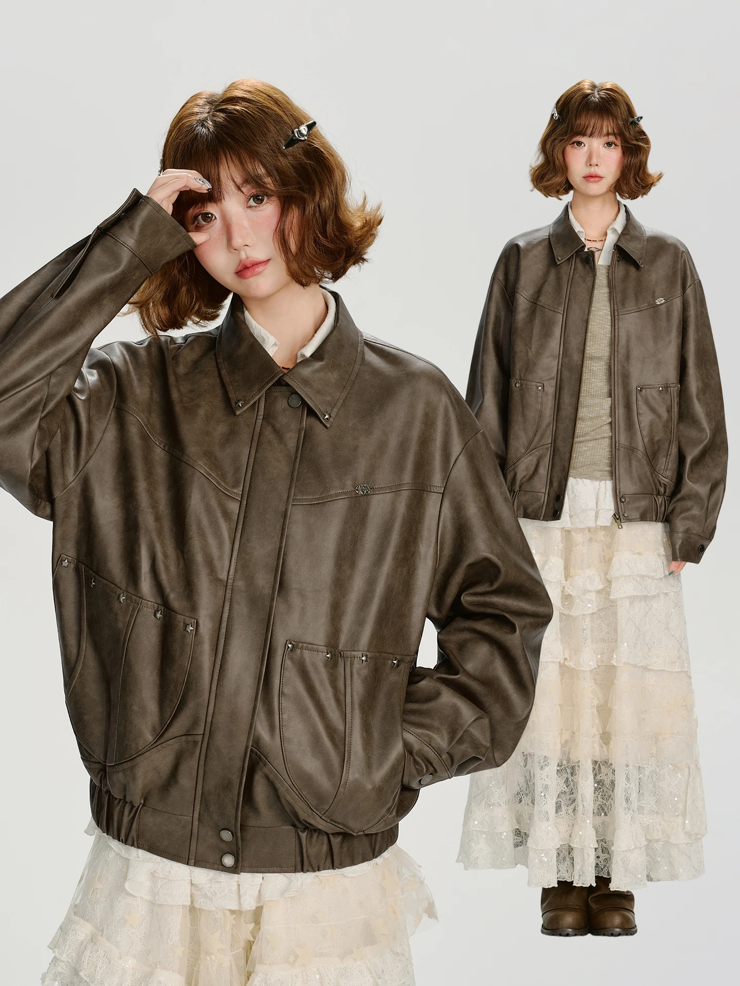 Manteau long en cuir pour femme, style rétro américain, décontracté, fermeture éclair, printemps automne