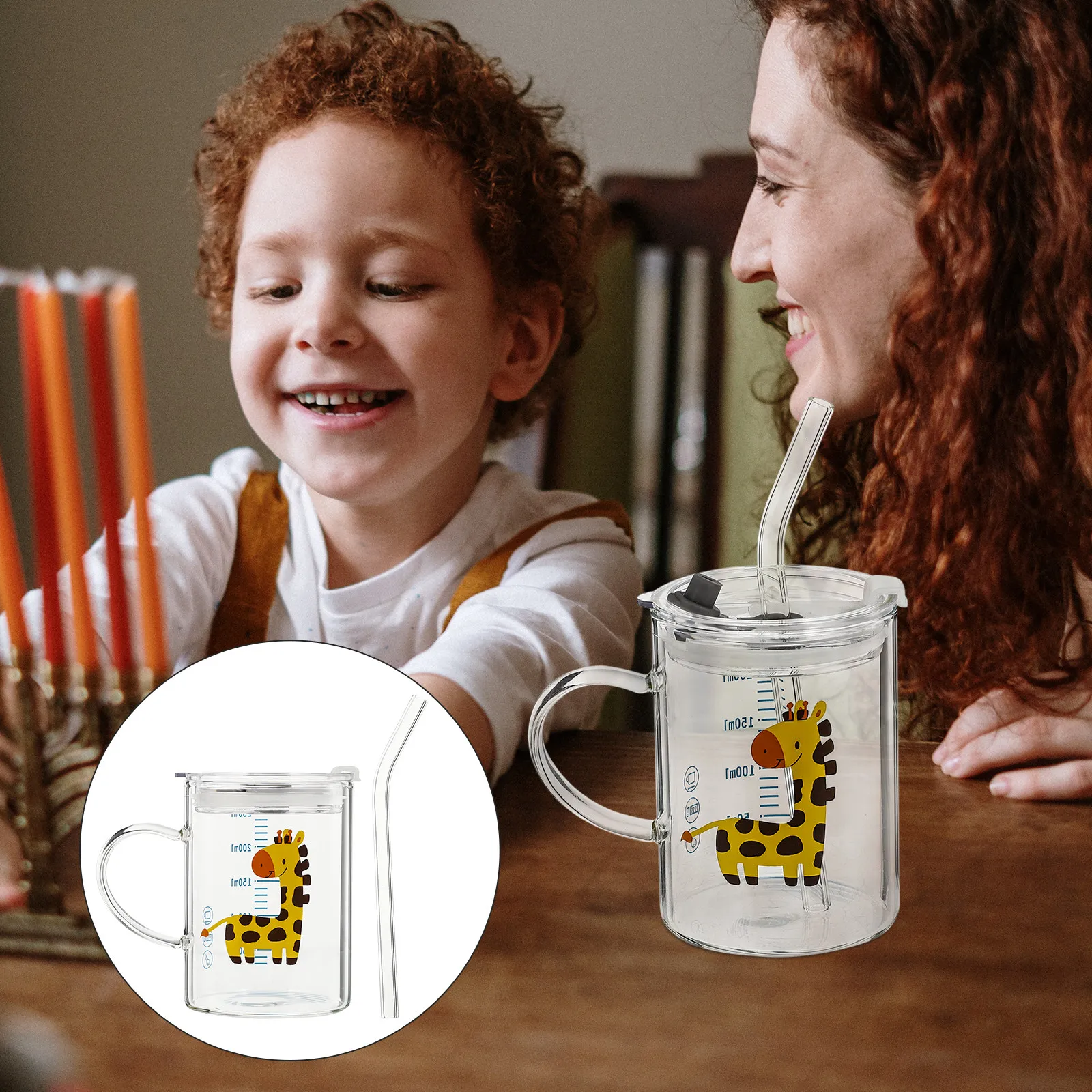 

1Pcs Premium Glass Kids Drinking Cup with Straw Cute Deer Artwork Thermal Shock Resistant Milk Water Mug Kitchen Storage Cup