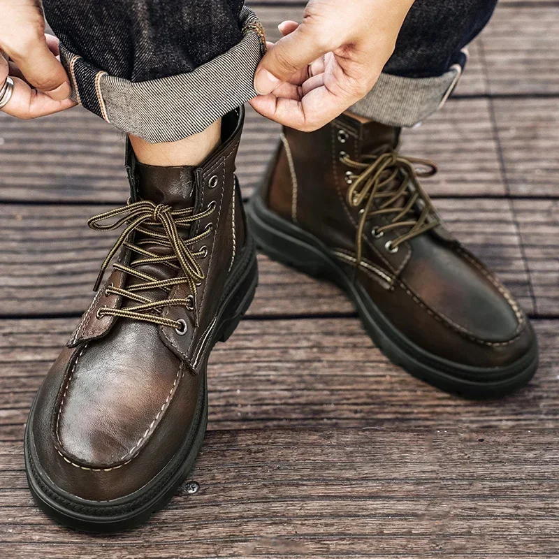 Herren Echt lederstiefel im britischen Stil Motorrads tiefel Freizeit arbeits schuhe hohe Oberteile rutsch feste, verschleiß feste Herren stiefeletten