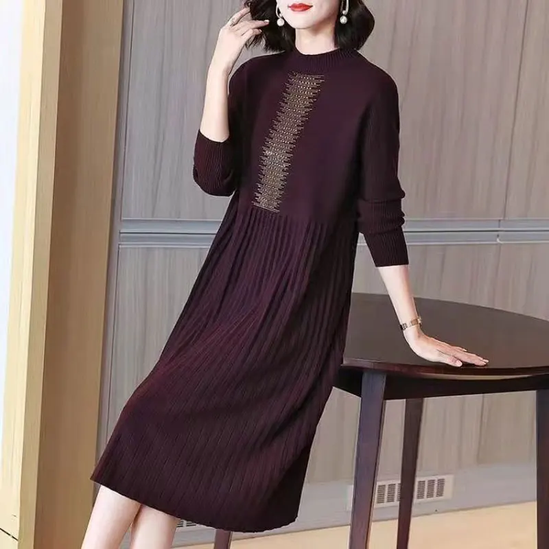 

Casual Autumn Winter Knitted Dresses Vintage Folds Half High Collar Fashion Diamonds Women's Clothing Solid Color Midi Dress New