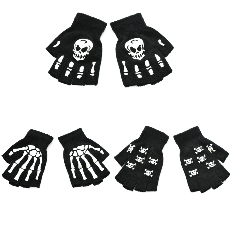 

Fashion Black Half Finger Gloves Luminous Gloves Knitted Claw Gloves Non Slip Skeleton Gloves for Halloween