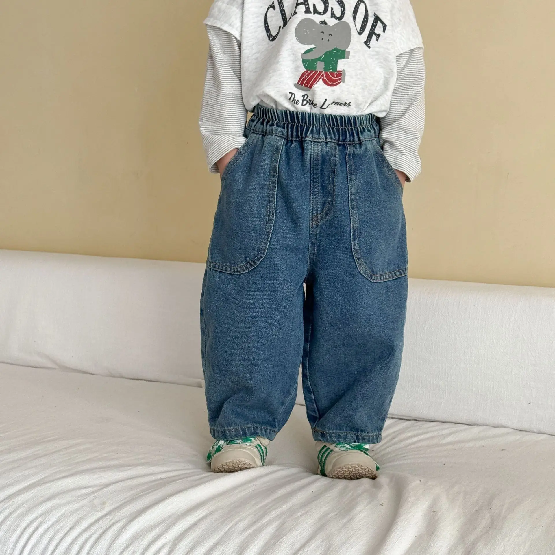2026 Autumn New Children Denim Trousers Fashion Girls Loose Jeans Solid Boys Pocket Casual Pants Kids Clothes 6