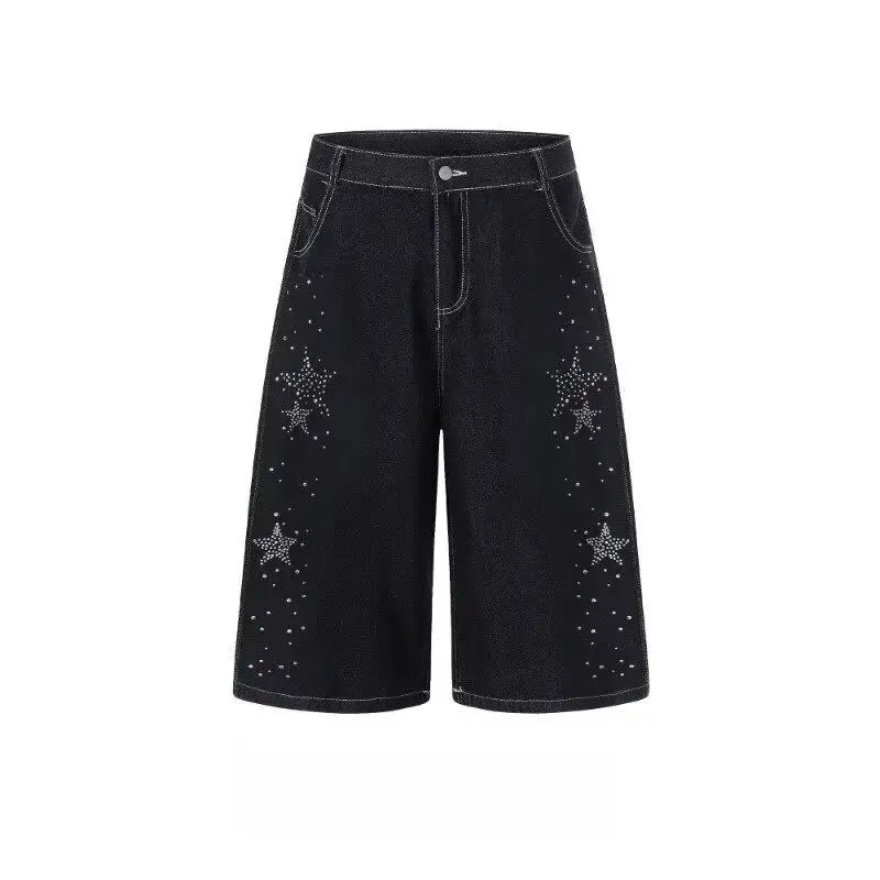 Men's Fashionable Star Pattern Cropped Jeans Wide Leg Casual Bottom Cool Boys Mini Pants Summer Shorts Male Calf-length Trousers