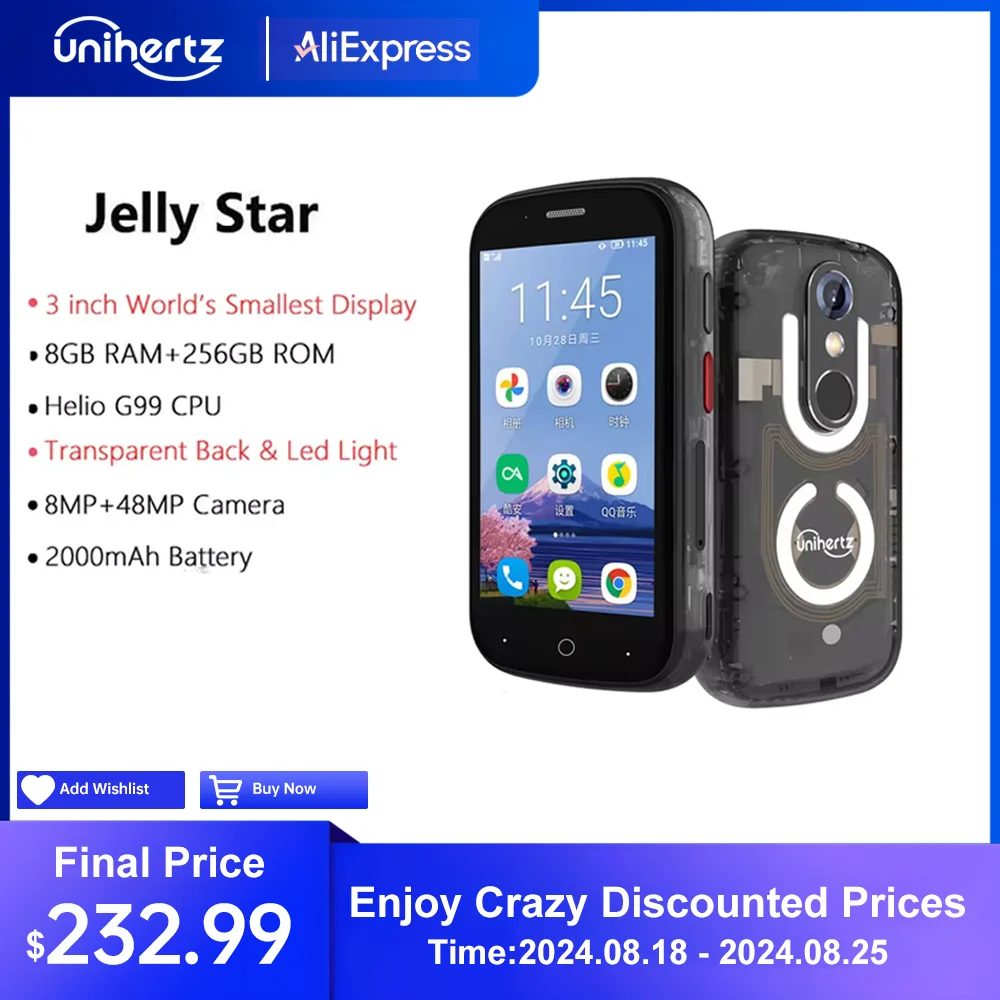 Unihertz Jelly Star Mini Smartphone 8GB 256GB Led Light Unlocked Transparent Backshell Cellphones For Spare Phone