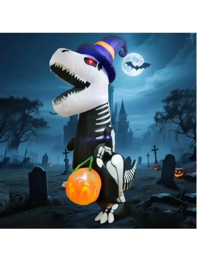 Halloween 8 Fuß großes aufblasbares Skelett-Dinosaurier-Modell für Außendekorationen, Halloween-Aufblasfiguren für den Garten, aufblasbares Skelett-Dinosaurier mit Kürbis für die Gartendekoration im