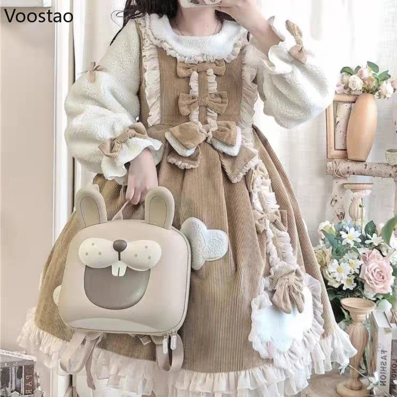 Autunno inverno dolce Lolita Op Dress donna Kawaii Bow Ruffles peluche Warm Party Dresses ragazza giapponese Harajuku Cute Princess Dress