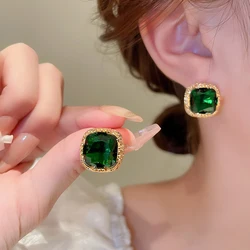 Vintage Green Zircon Crystal Earrings For Women Geometric Square Stud Earrings Luxury Designer Jewelry For Party Wedding