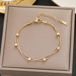 Stainless Steel Double Layer Chains Cubes Bracelet For Women Girls Gold Color Non-fading Classy Hand Chain Party Jewelry Gifts