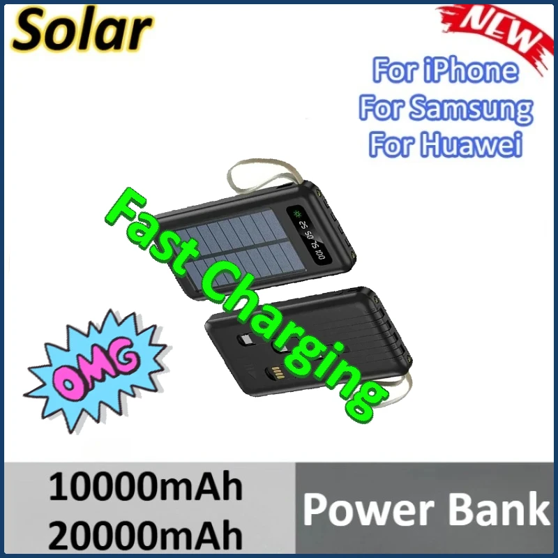 

10000mAh 20000mAh For iPhone For Samsung For Huawei Mobile Power Fast Charging Battery Dual USB 4 Cables Solar Power Bank