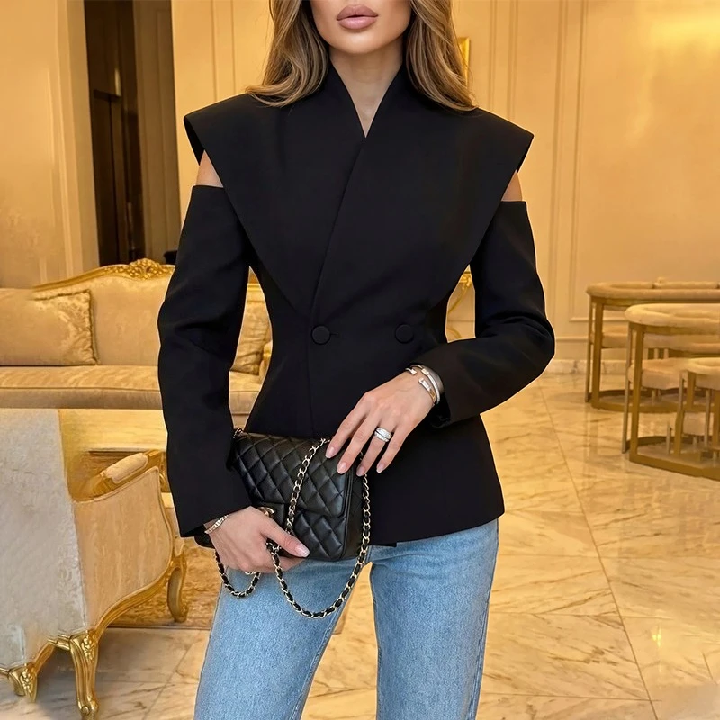 TARUXY Stylish Slim Hollow-Out Suit Jacket Women Solid V-Neck Long-Sleeved Buttons Commuter Coat Spring Female Temperament Suit