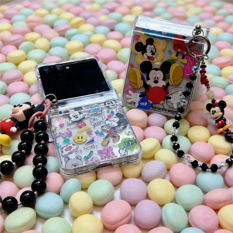Funda con tapa de Mickey Mouse de Disney con cordón, bonito diseño de dibujos animados en 3D para Samsung Z Flip 3/4/5/6/7 FE, funda protectora antigolpes