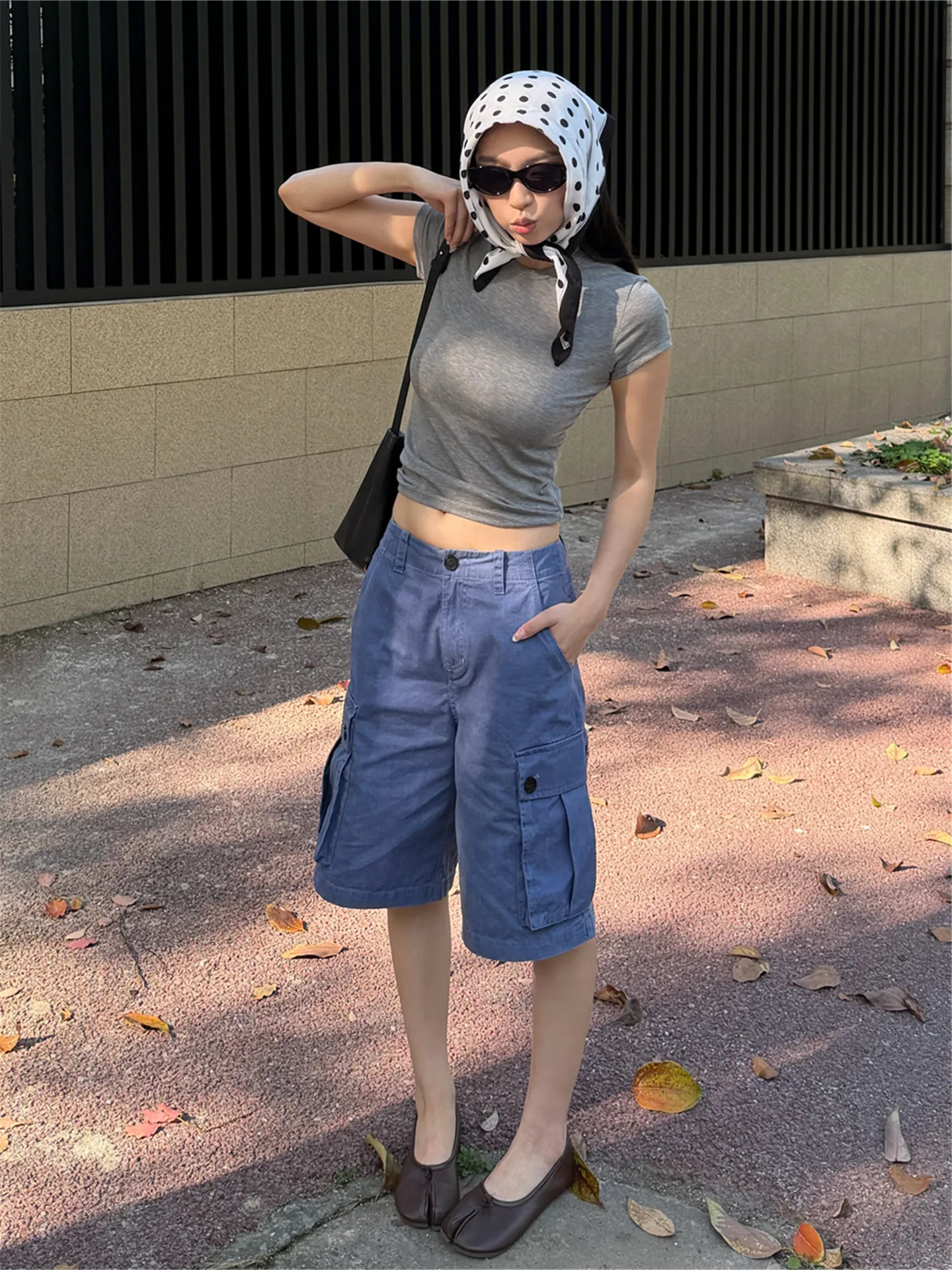 

American Street Style Loose Fit Blue Seven-Foot Jeans Women Summer Casual High Waist Multi-Pocket Spicy Girl Denim Pants
