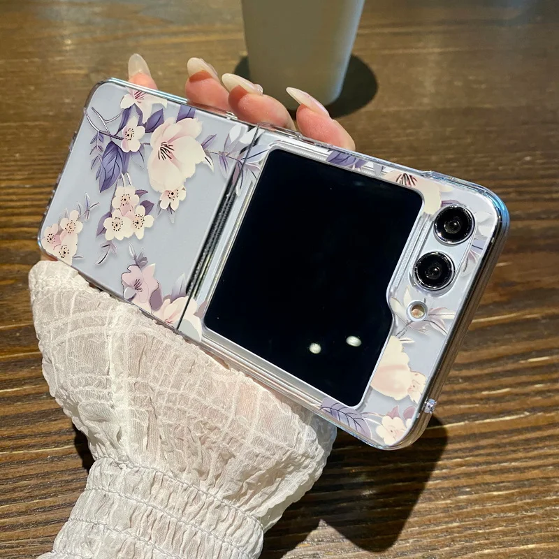 For Samsung Galaxy Z Flip6 Flip5 Flower Print Case Clear Hard PC Luxury Shockproof Folding Cover For Samsung Z Flip 6 5 4 3 5G
