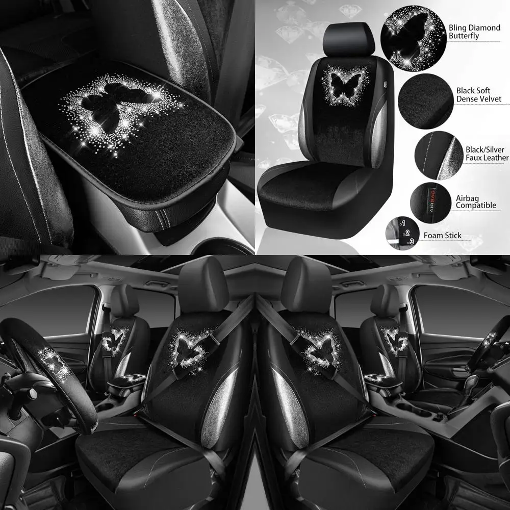 

Чехлы на автомобильные сиденья с блестящими бриллиантами и бабочками, набор чехлов на передние сиденья из черной бархатной кожи с бабочками для женщин и девочек, пустой со стразами
