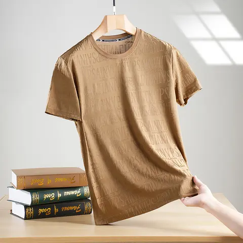 Högkvalitativa Jacquard Nylon Spandex Designer 2024 Märketoppar Herr Enfärgad Sommar-T-shirt Kortärmad Casual Modekläder 10 best sales t-shirt i nylon och spandex - №1