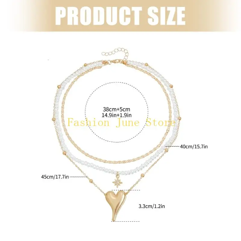 N5KA موضة طبقات قلادة الرقبة مجوهرات مع نجمة القلب غير النظامية واللؤلؤ المقلد لملابس يومية أنيقة #6