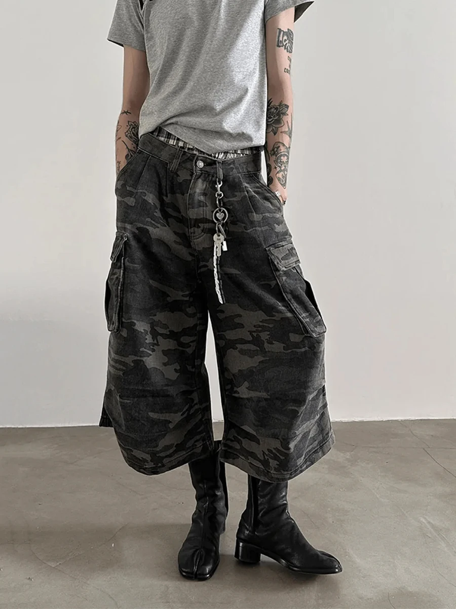 REDDACHiC Plus Size Men Camouflage Denim Shorts Vintage Pleated Wide Leg Multi-pocket Cargo Jeans Jorts Hip Hop Punk Streetwear - Image 6