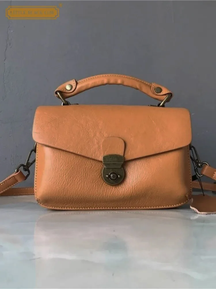 

Solid Vintage Satchels Crossbody Bag Office Lady Tote Handbag Hasp Flap Single Shoulder Bag Women Genuine Leather Messenger Bags