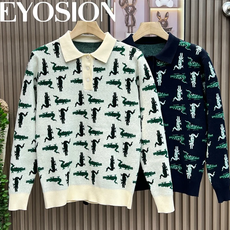 Retro Fashion Men's Long Sleeve Crocodile Printed Knitted Shirt Flip Collar Shirt Slimming Casual Versatile Top Polo Shirt 4XL