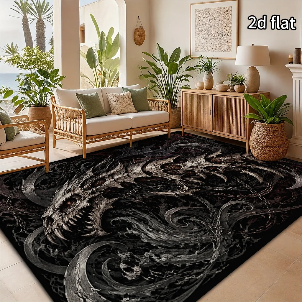1pc 2D Flat Retro Abstract Area Rug, Dark Bone Dragon Pattern, Non-Slip, Easy to Clean,Machine Washable,Suitable for Living Room