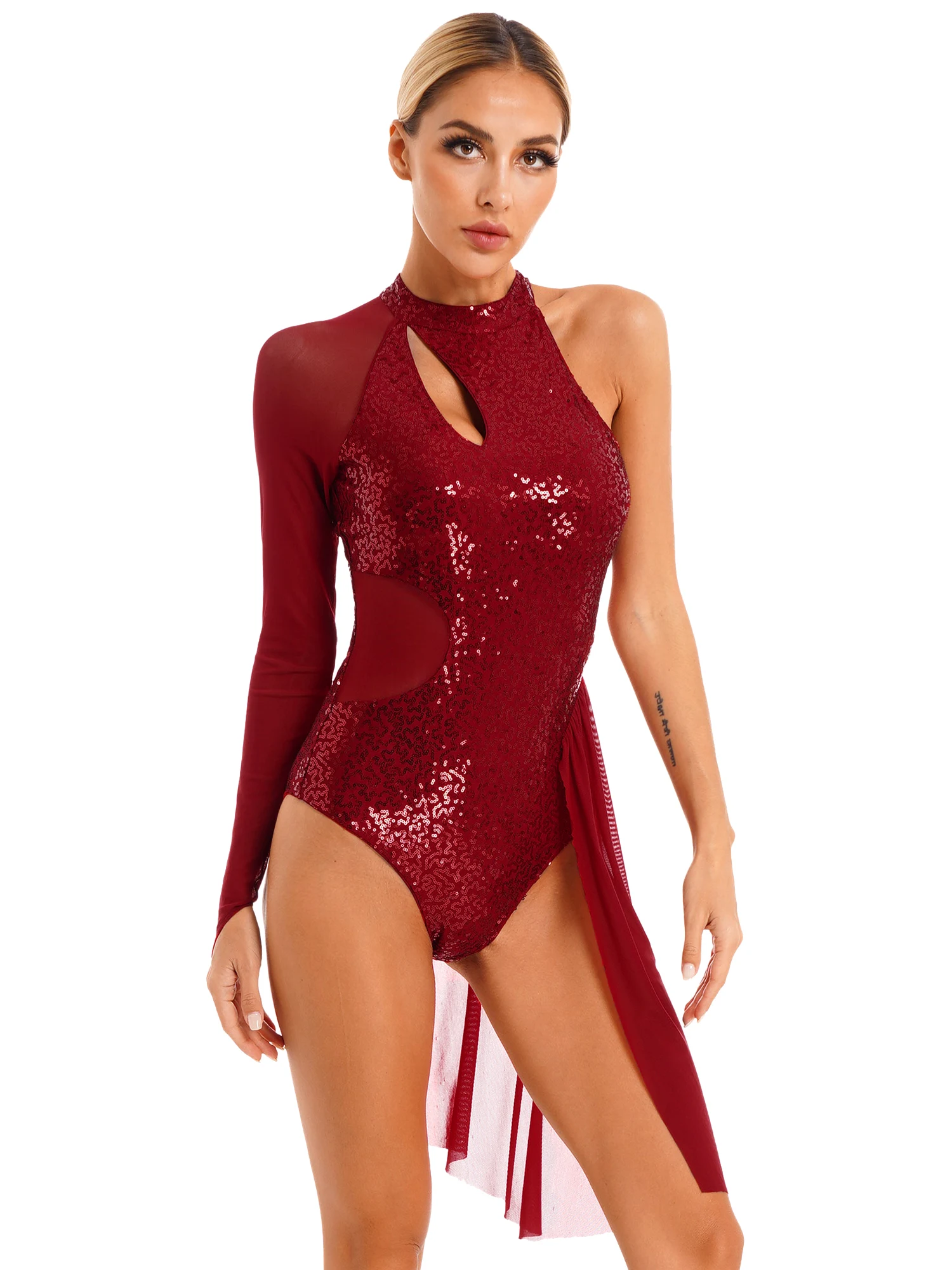 

Womens Figure Skating Dress Glitter Sequins Leotard One Shoulder Sheer Mesh Long Sleeve Halter Neck Dance Dresses for Stage Show