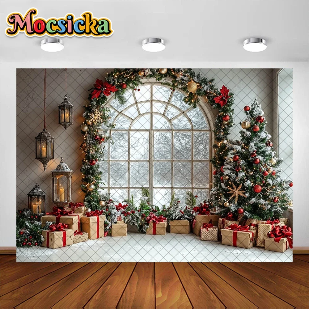 Mocsicka Photography Background Winter Christmas Wreath Window Decoration Supplies Kids Photo Portrait Backdrops Studio Props