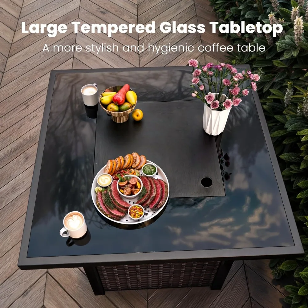 Outdoor Gas Fire Pit Table with 28 Square Rattan Design, Glass Wind Guard, and Tempered Glass Top