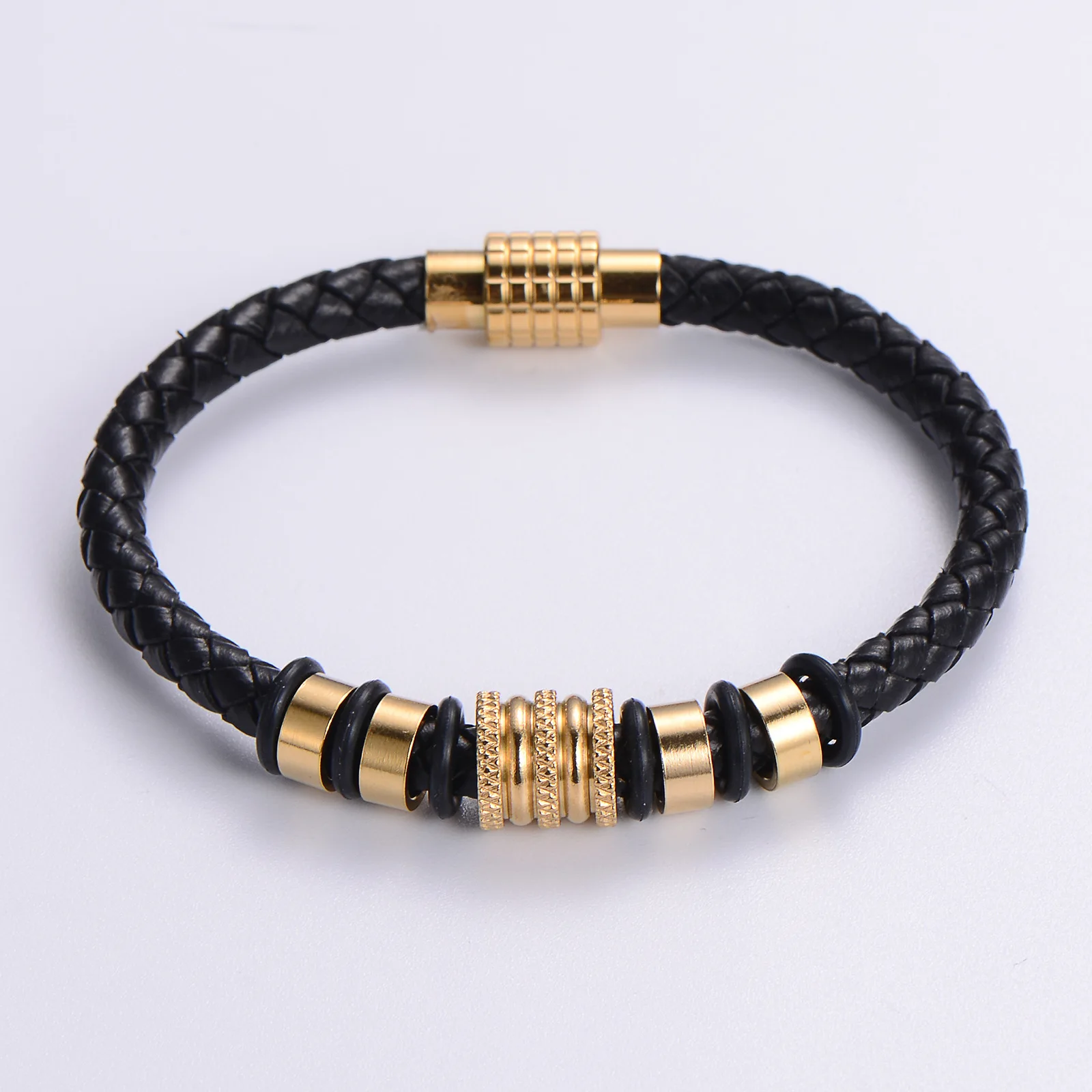High Quality Stainless Steel Bracelets Magnetic Snap Design Leather Bangle for Men Woven Rope Jewelry Gifts Vintage Cuff Chain