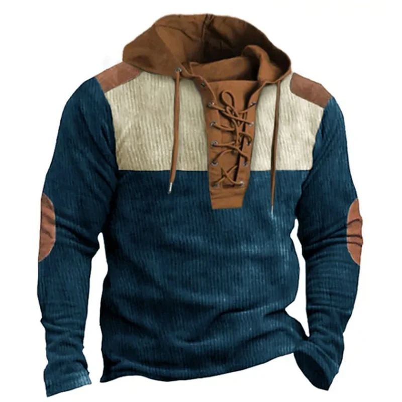 

Vintage Drawstring Lace-up Hoodies Mens Sweatshirt 2024 Spring Long Sleeve Corduroy Patchwork Hoodie Streetwear Men Fashion Tops